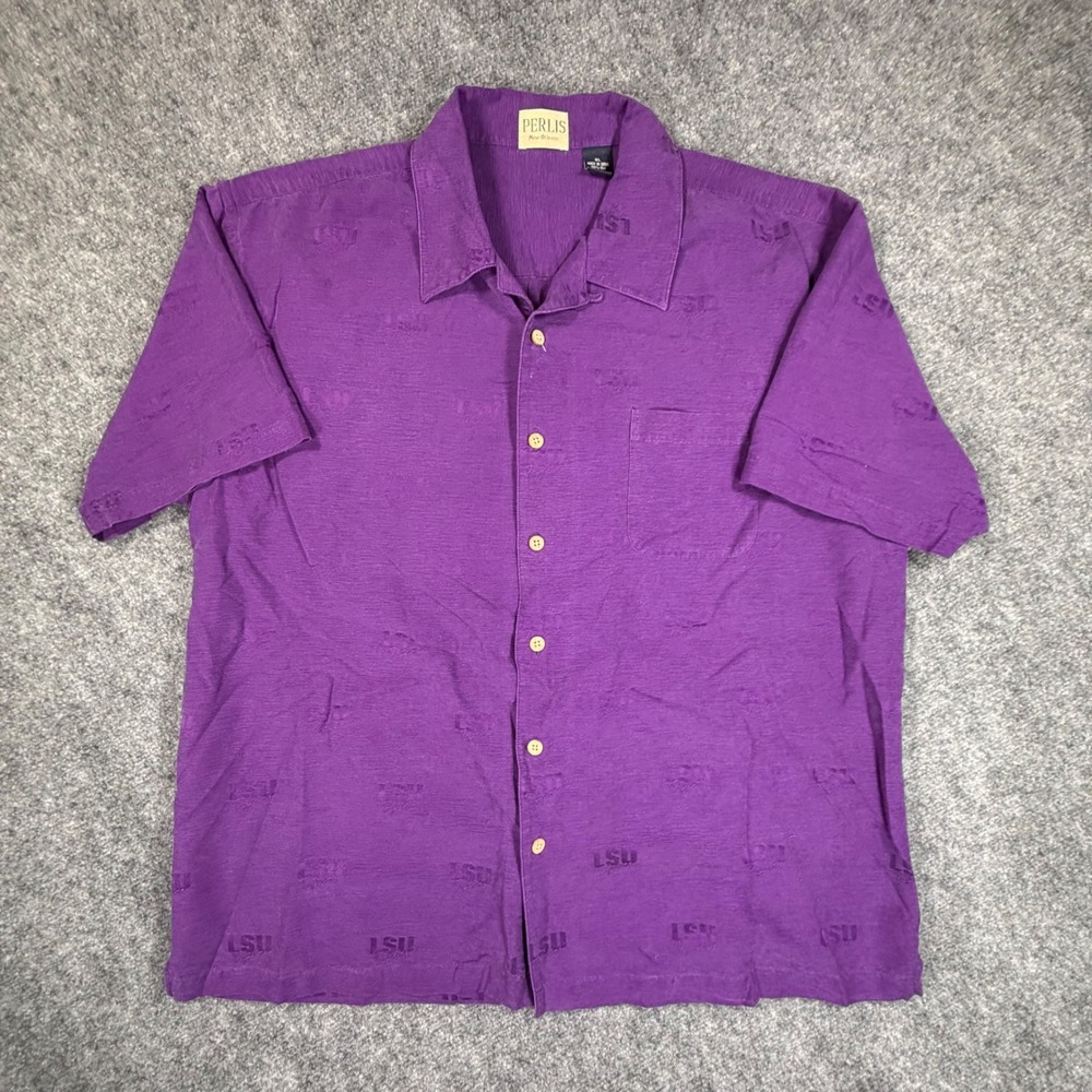 Perlis New Orleans Mens XL Purple Silk LSU Jacquard Camp Shirt 0810